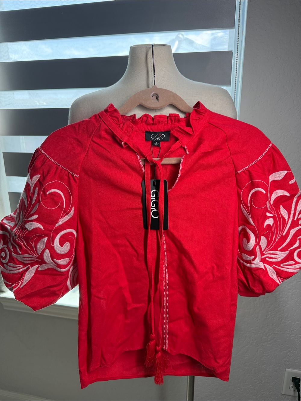 Gigio red boutique embroidered puff sleeve blouse